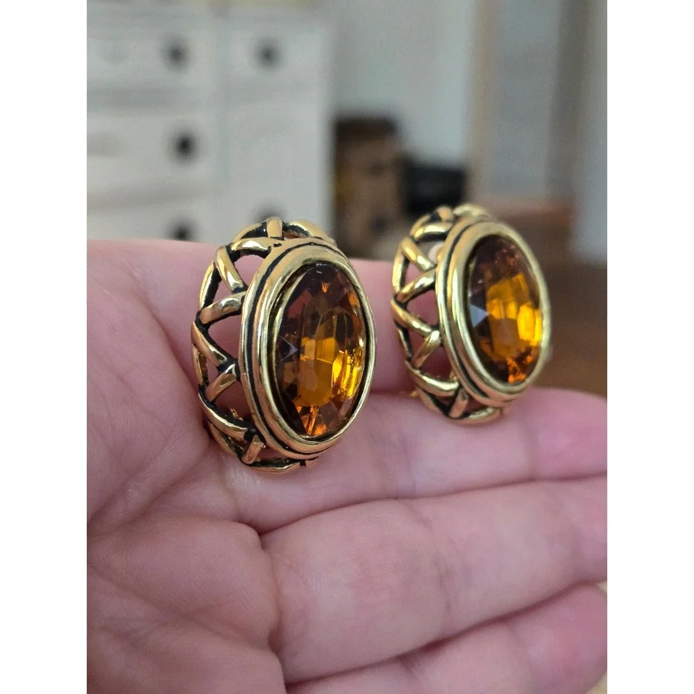 Amber Color Glass Goldtone Earrings Chunky Clip Vintage Fall Colors Autumn